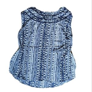 Blue and Ivory Sleeveless Blouse with Ruffle detail and Tie belt